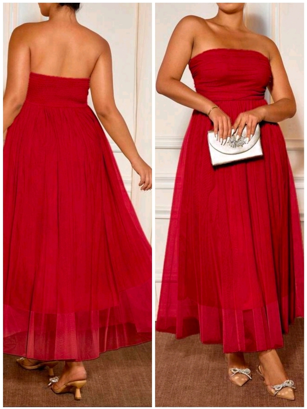 New Flirty Strapless Ruched Top A Line Midi Dress PLUS Red